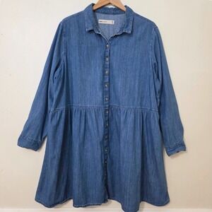 ASOS Denim Babydoll Shirt Dress Sz 16 Long Sleeve Button Up Y2K 90s Grunge Mini